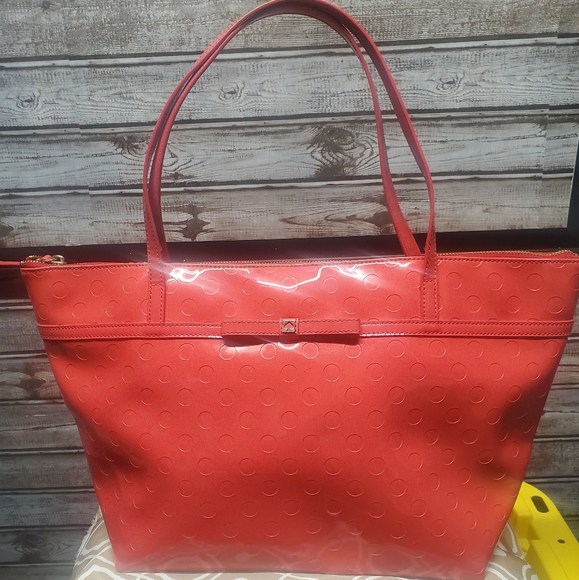 Kate Spade Red Polka Dot Embossed Patent Leather Shoulder Tote Bag - Picture 1 of 6